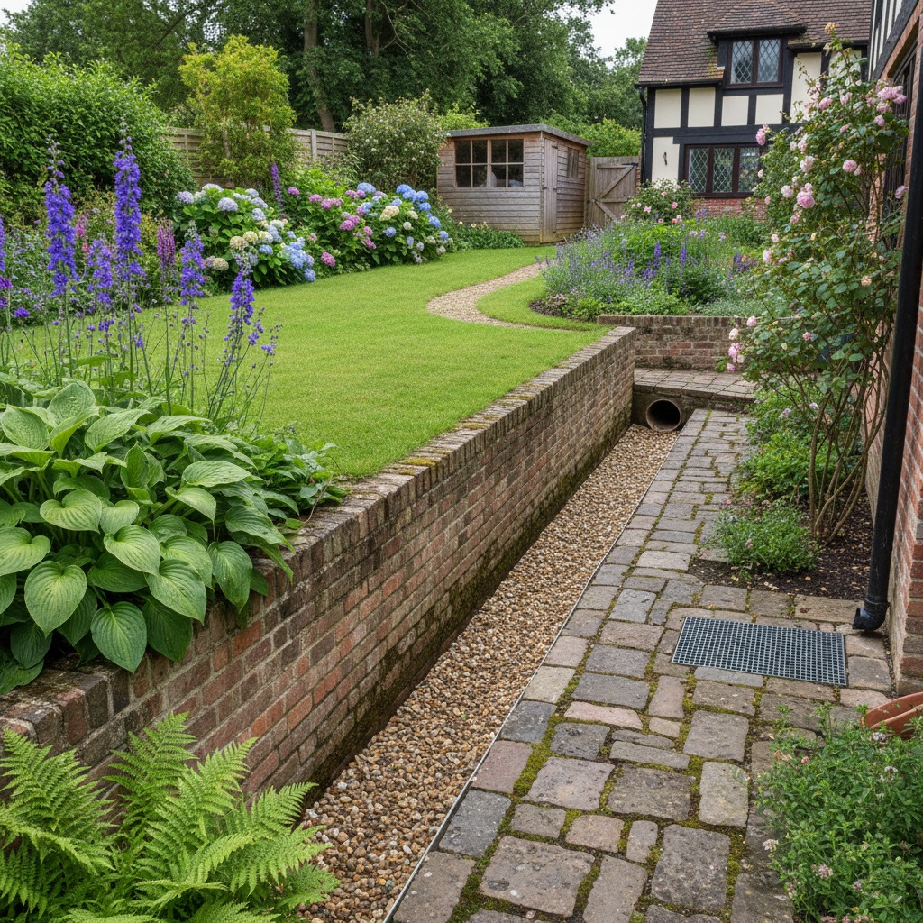drainage system of an English back garden