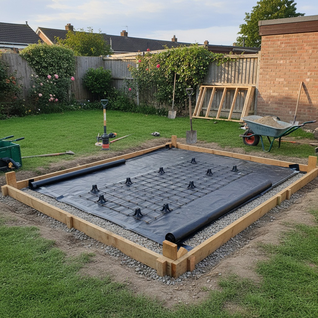 concrete foundation preparation for a small standing in an English back garden