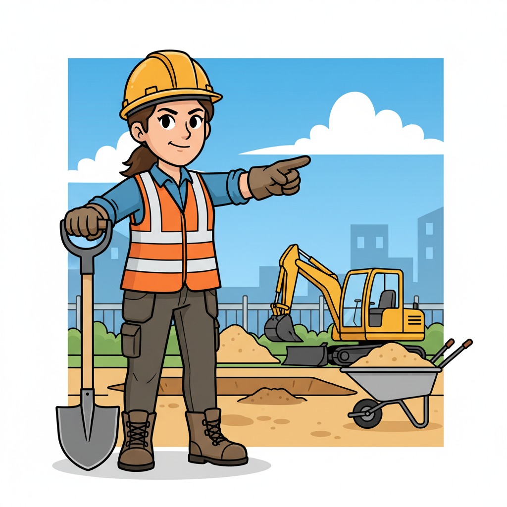 A female construction worker in a hard hat and safety vest stands on a job site holding a shovel and pointing toward an excavator.