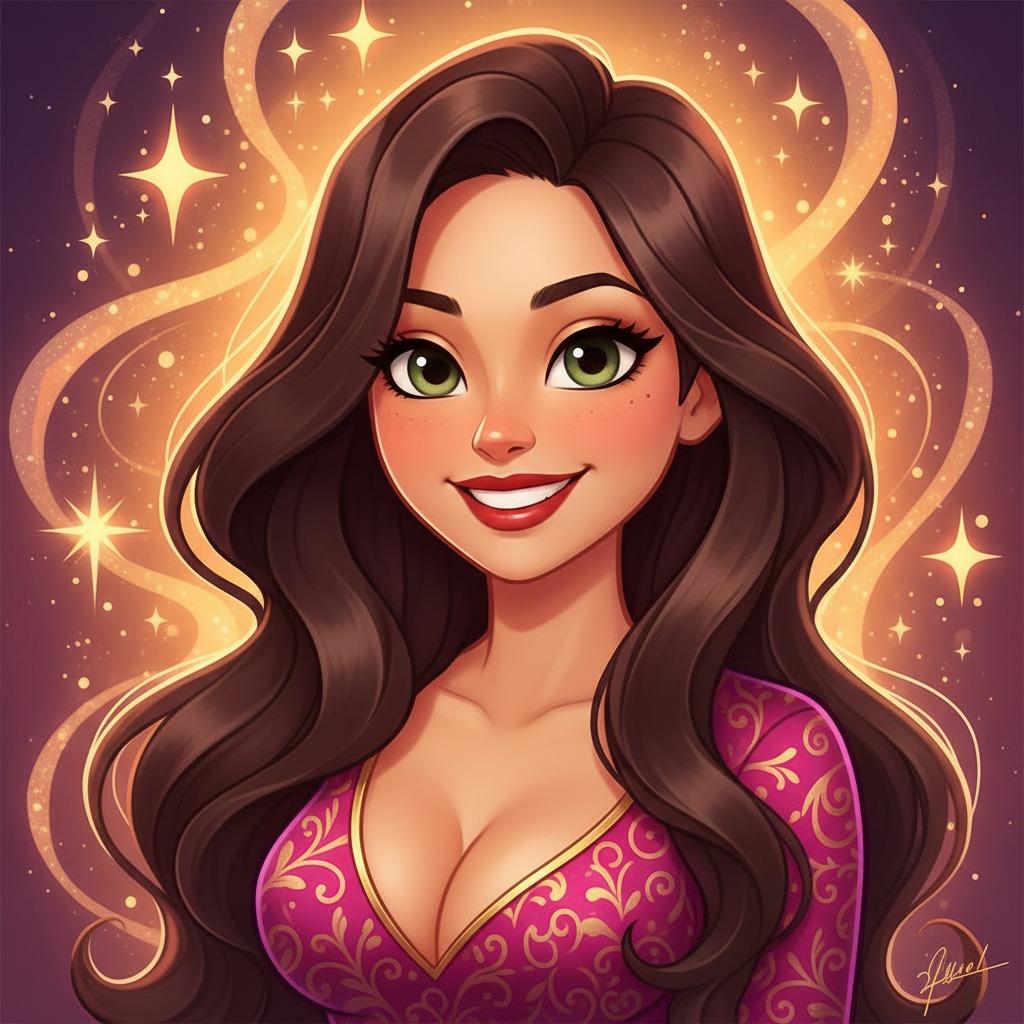 A digital illustration of a smiling woman with long wavy brown hair wearing a pink patterned top against a background of glowing golden light and sparkles.