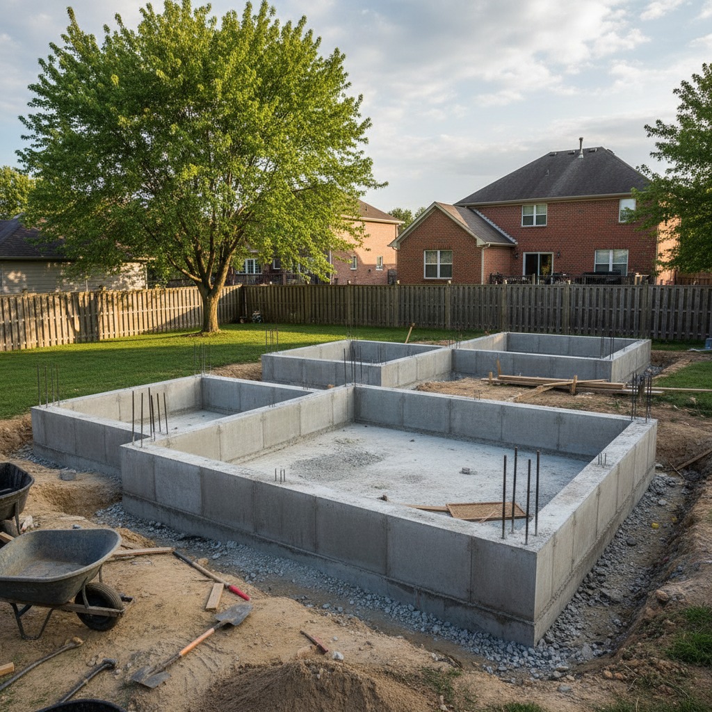 Concrete foundation walls for a new construction project sit in a residential backyard with construction tools nearby.