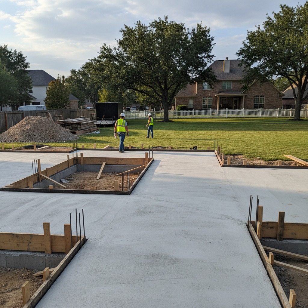 Two construction workers in high-visibility vests walk across a newly poured concrete foundation in a residential backyard.