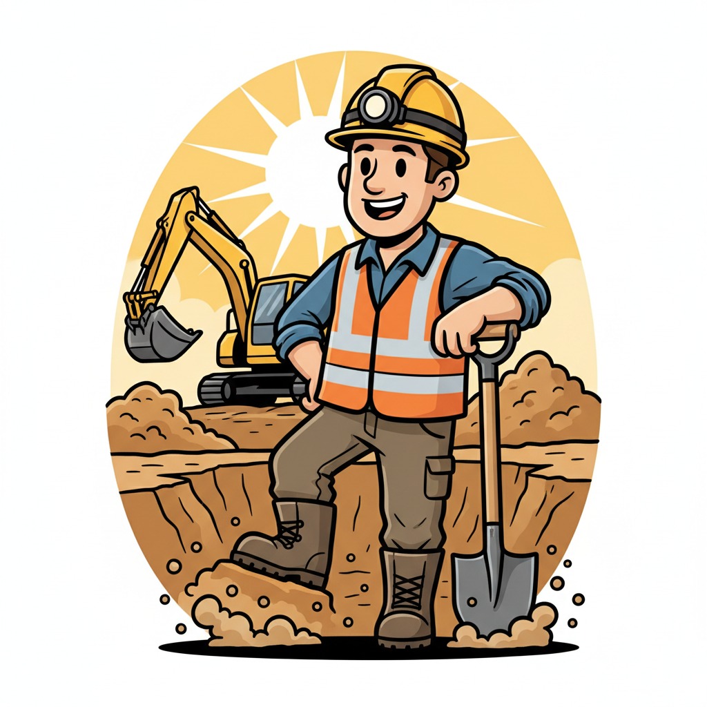 A smiling construction worker in a hard hat and safety vest stands next to a shovel at a job site with an excavator in the background.